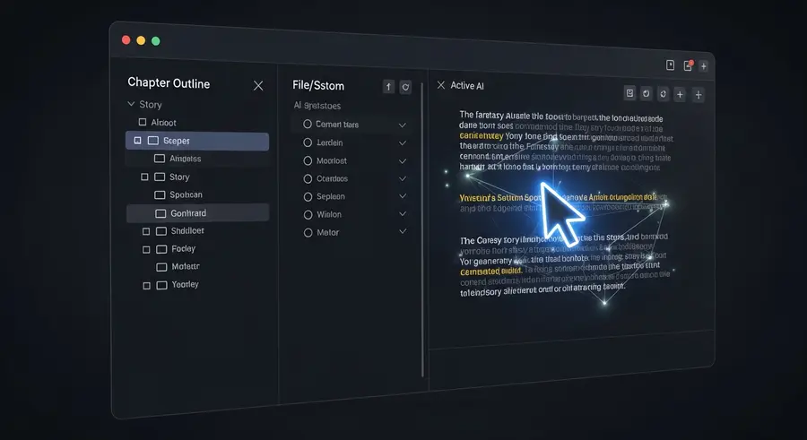 AI writing tool interface showing a novel being drafted — Cozy Co-Author system