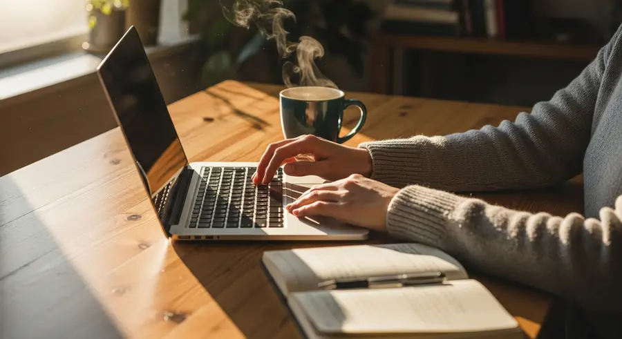 Writer working at a desk with a laptop and notebook — freelance writing setup